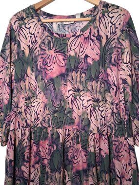 LOGO Lori Goldstein Dress XL Floral Pink Purple Batik Floral Print Knit